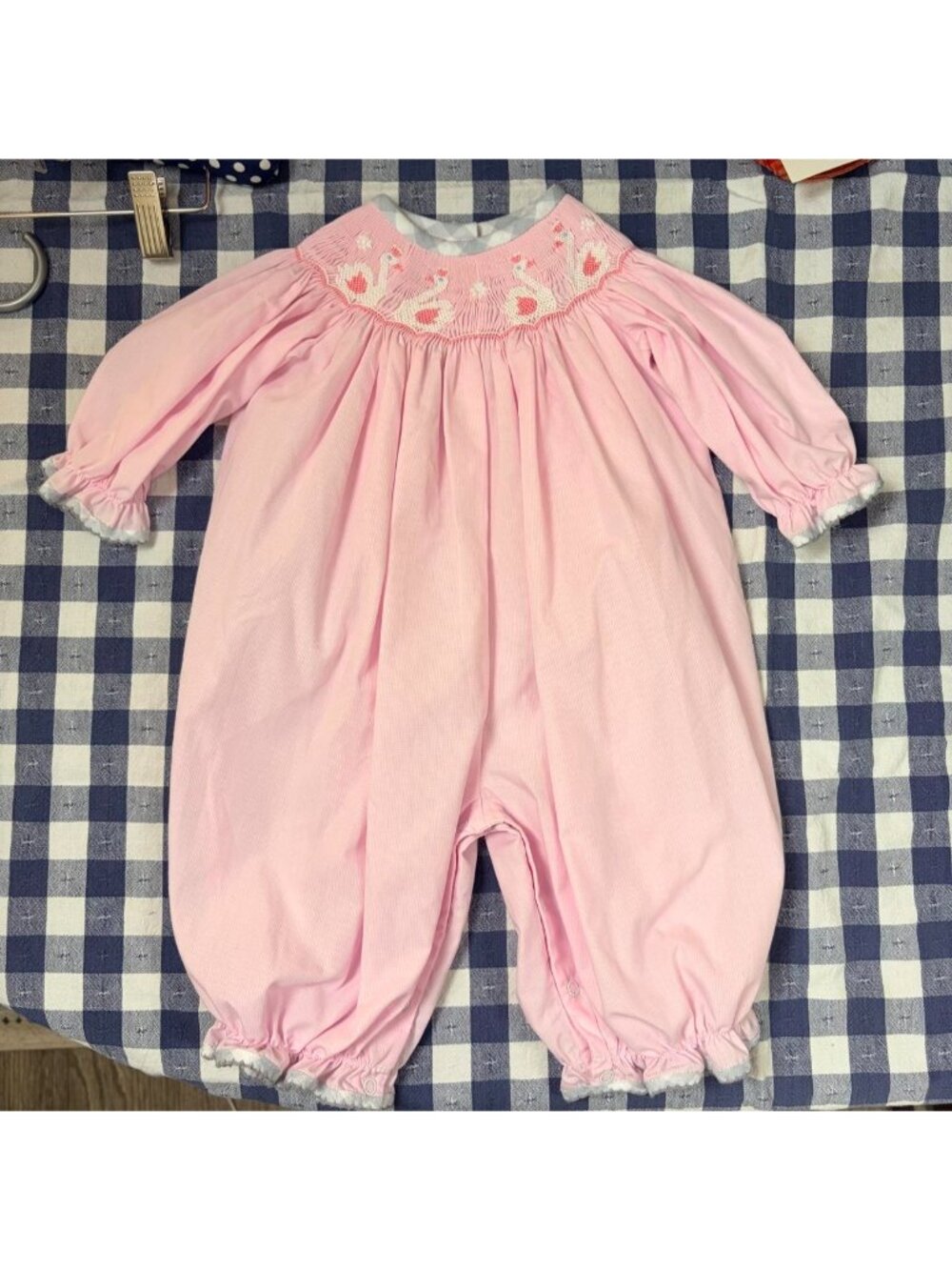 Shrimp & Grits Kids smocked swan onesieSize 3 months